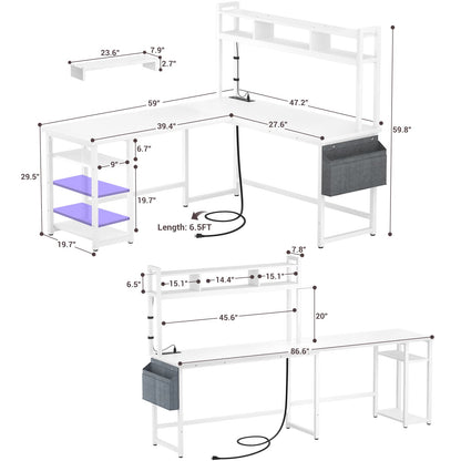 L Shaped Desk with Power Outlet, LED Strip, Storage Shelf