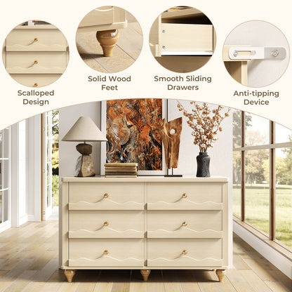 6-Drawer Dresser for Bedroom - 43" Modern Chest of Drawers with Scalloped Front, Storage Organizer