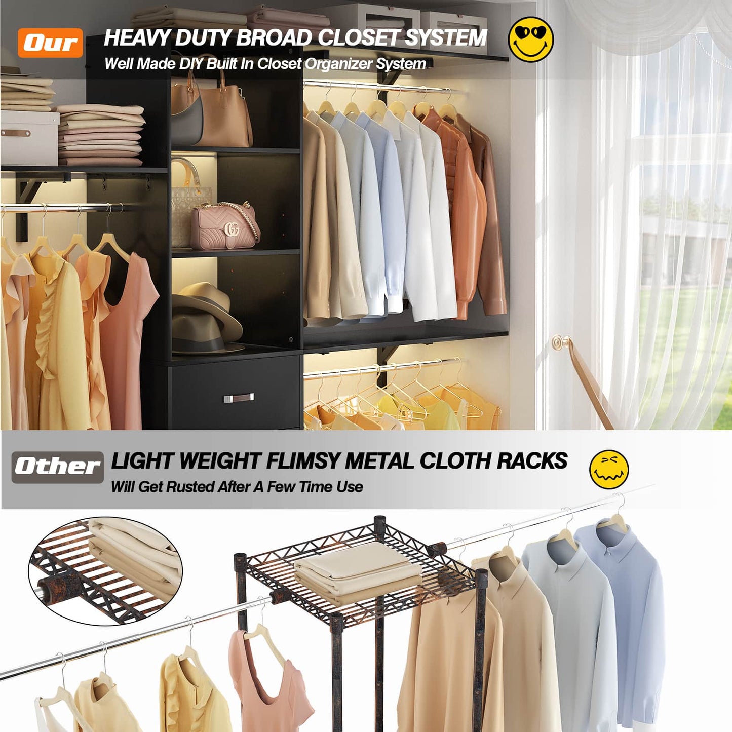 96‘’ W Closet System, Walk In Closet Organizer with 3 Shelving Towers
