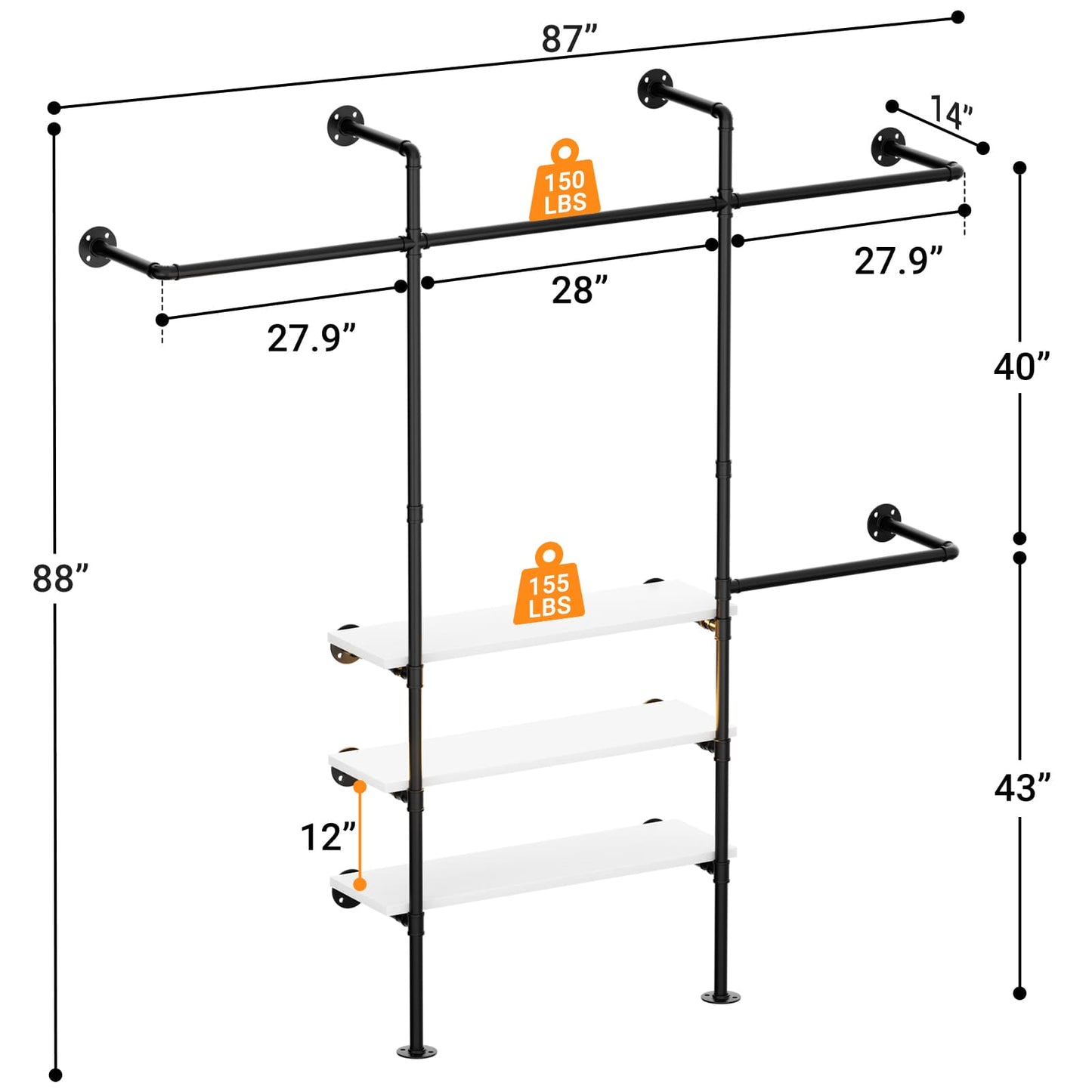 Industrial Pipe Clothing Rack, Reversible 7.25FT Wall Mounted Clothes Rack