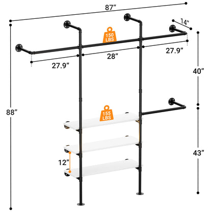 Industrial Pipe Clothing Rack, Reversible 7.25FT Wall Mounted Clothes Rack