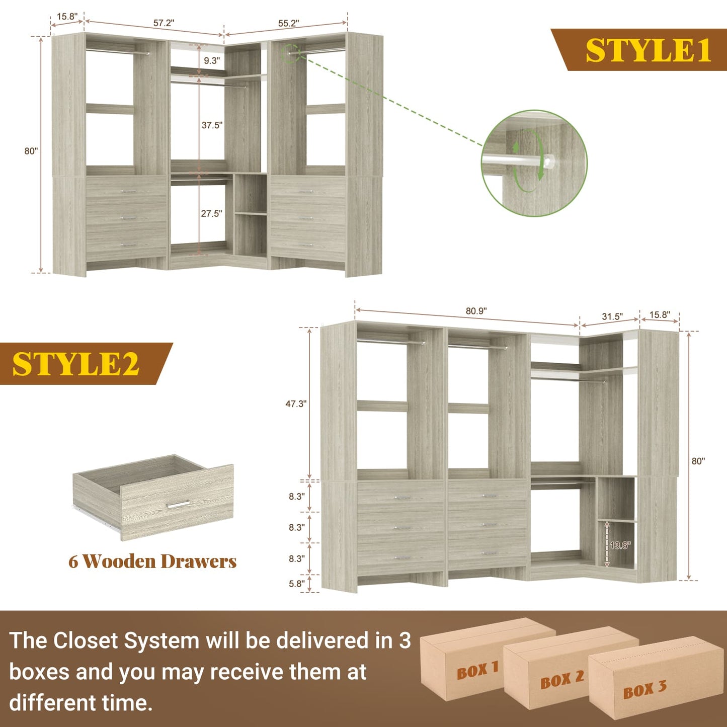 81'' Closet System with 6 Drawers, 4 Hanging Rods & Corner Tower