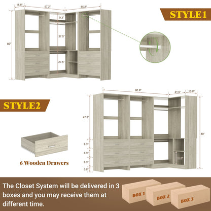 81'' Closet System with 6 Drawers, 4 Hanging Rods & Corner Tower