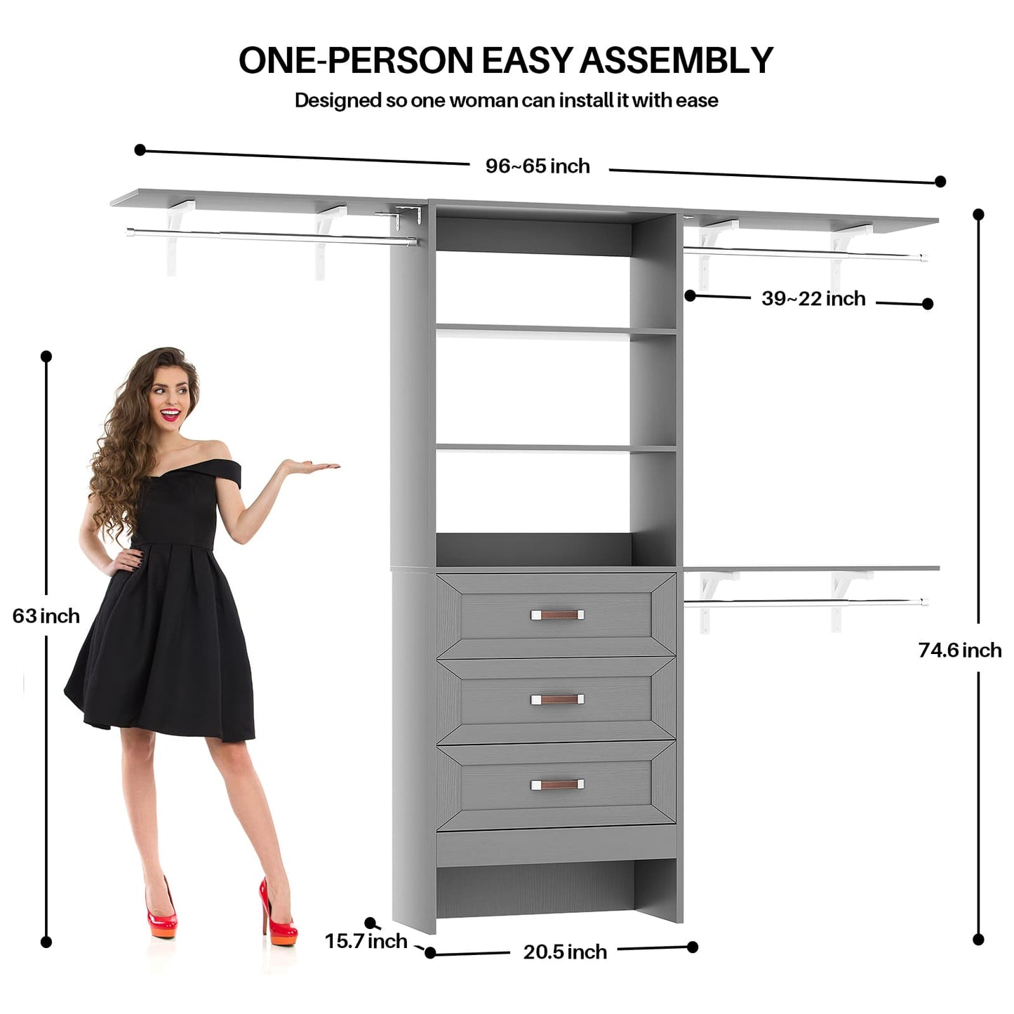 96'' W Closet Organizer System With Wooden Drawers