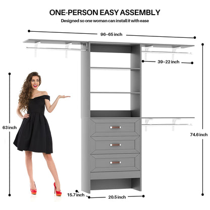 96'' W Closet Organizer System With Wooden Drawers