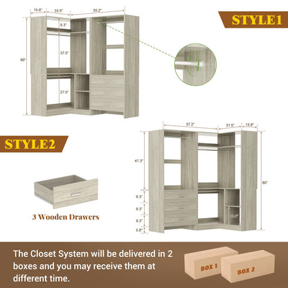 Closet System with 3 Drawers, 2 Hanging Rods & Corner Tower