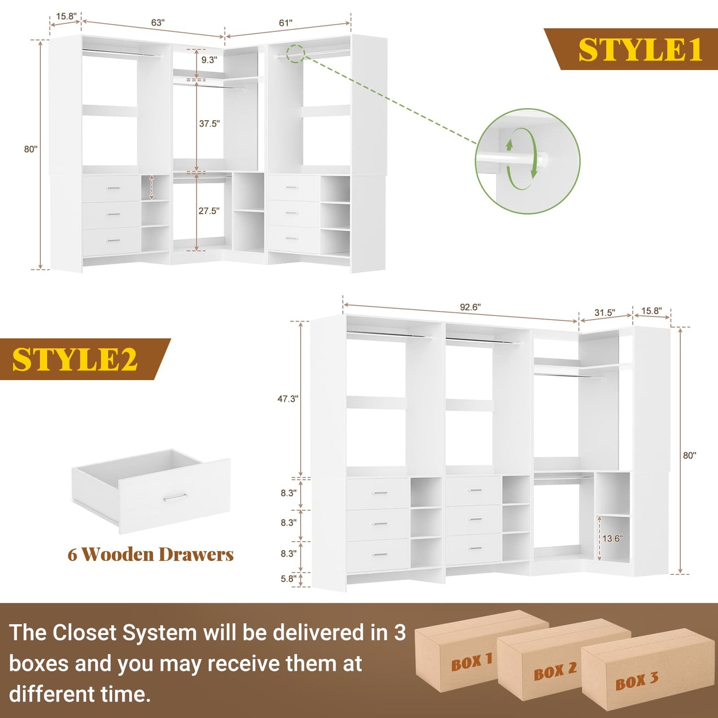 Closet System with 6 Drawers, 4 Hanging Rods & Corner Tower
