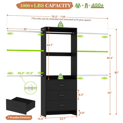 Closet System, Closet Organizer with 3 Wooden Drawers