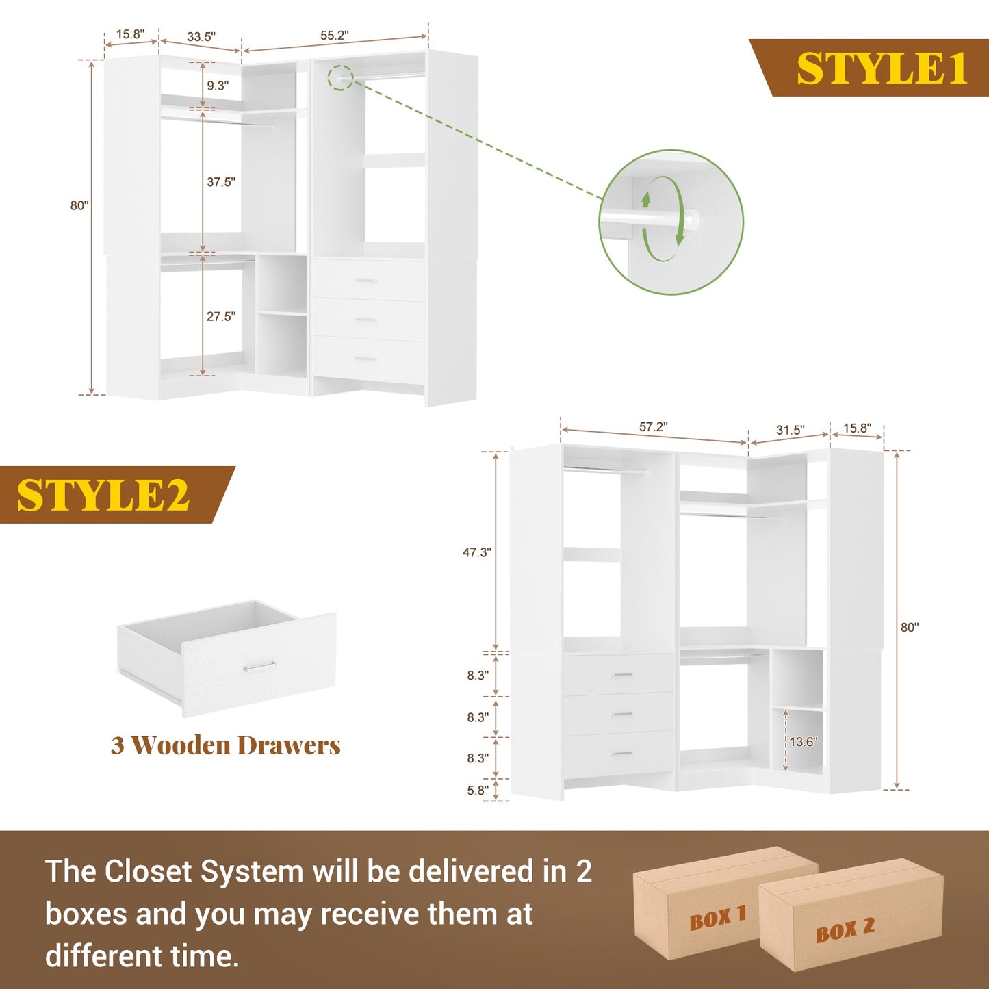 Closet System with 3 Drawers, 2 Hanging Rods & Corner Tower