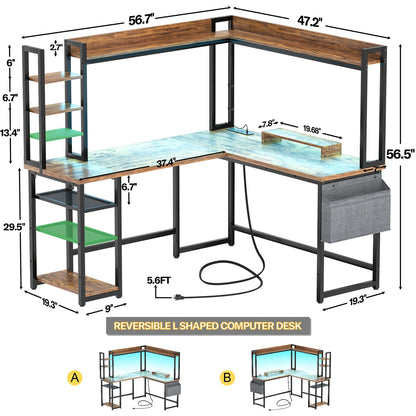 L Shaped Desk with Power Outlet and LED lights