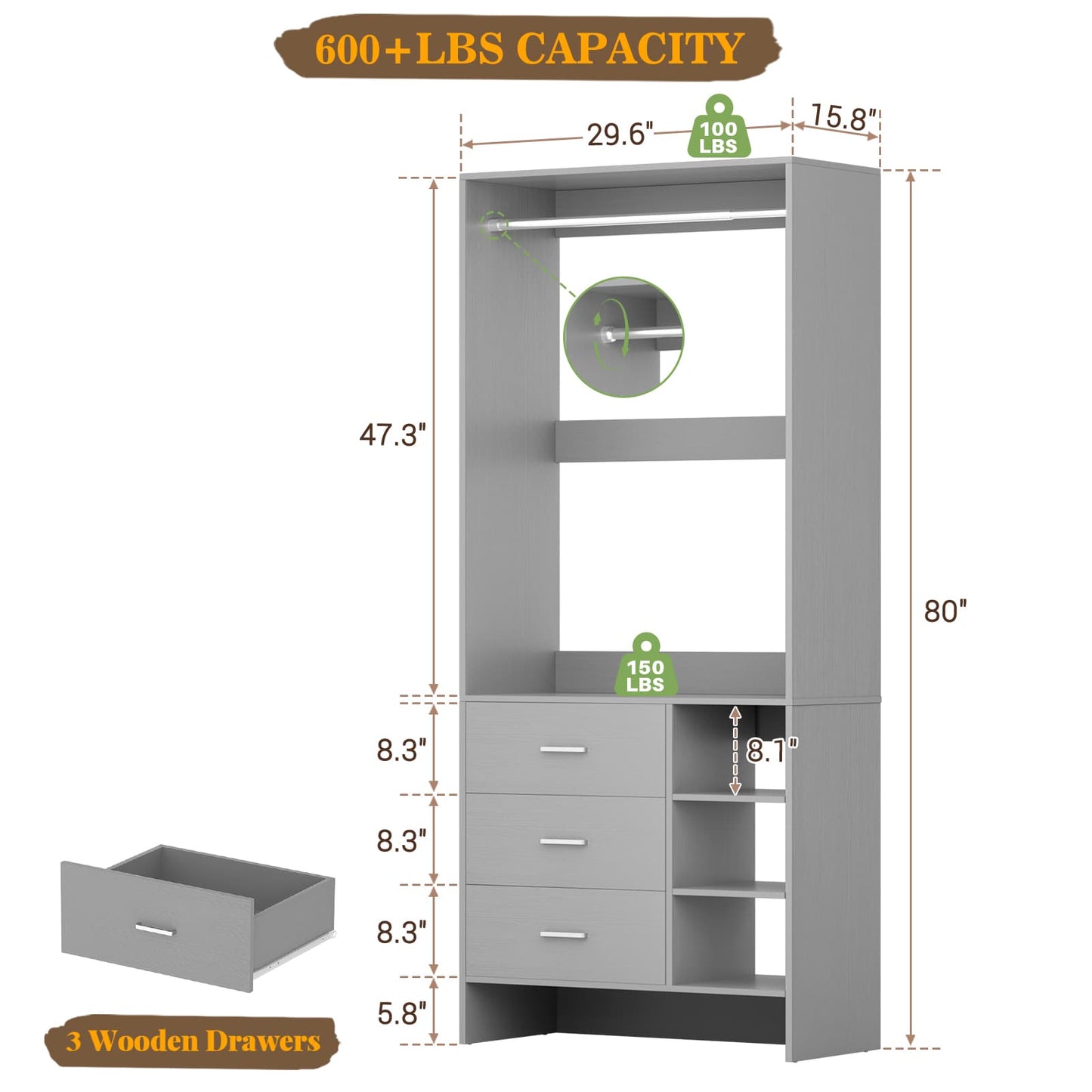 2.5FT Closet System with Wooden Drawers