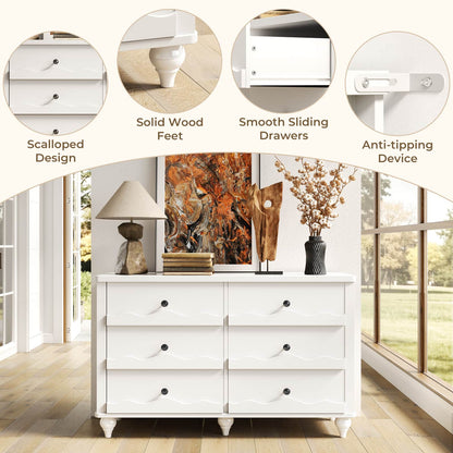 6-Drawer Dresser for Bedroom - 43" Modern Chest of Drawers with Scalloped Front, Storage Organizer
