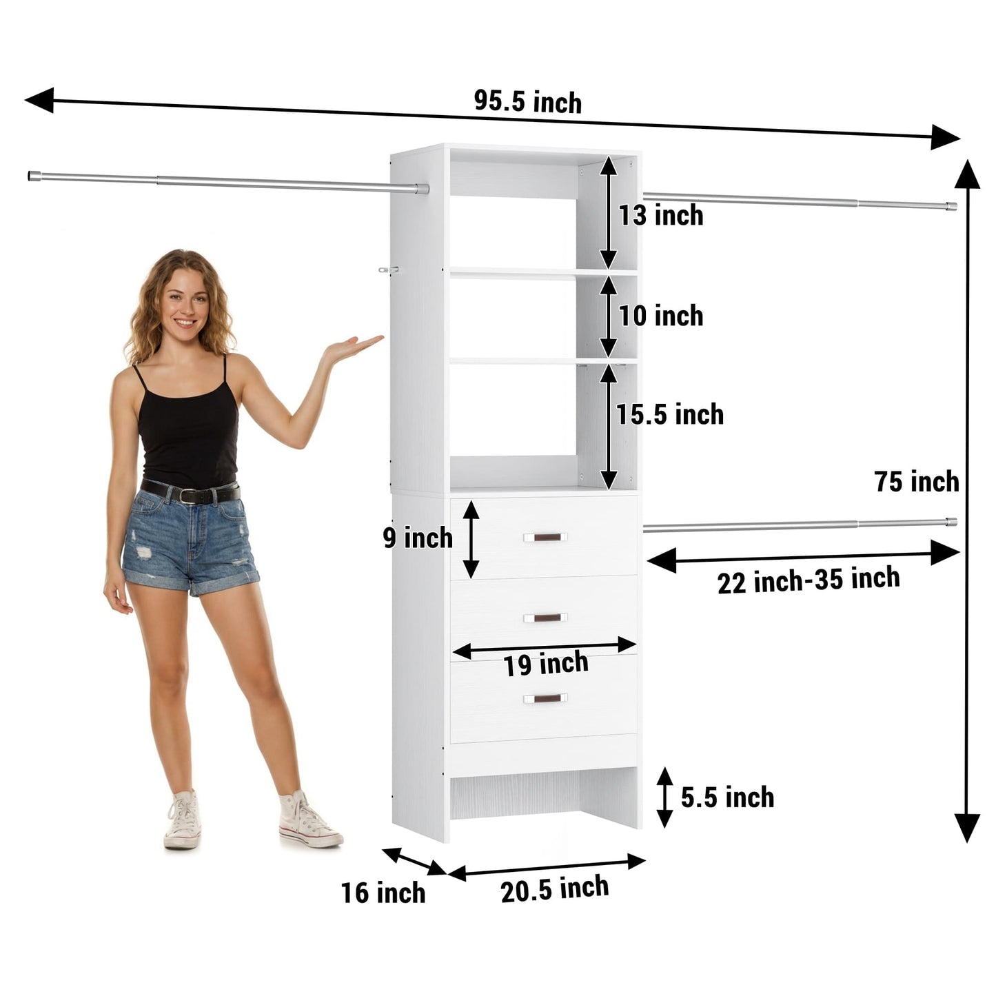 96" Closet System 2-Pack with 6 Hanging Rods & 6 Wooden Drawers - Adjustable Width (5-8FT Each)