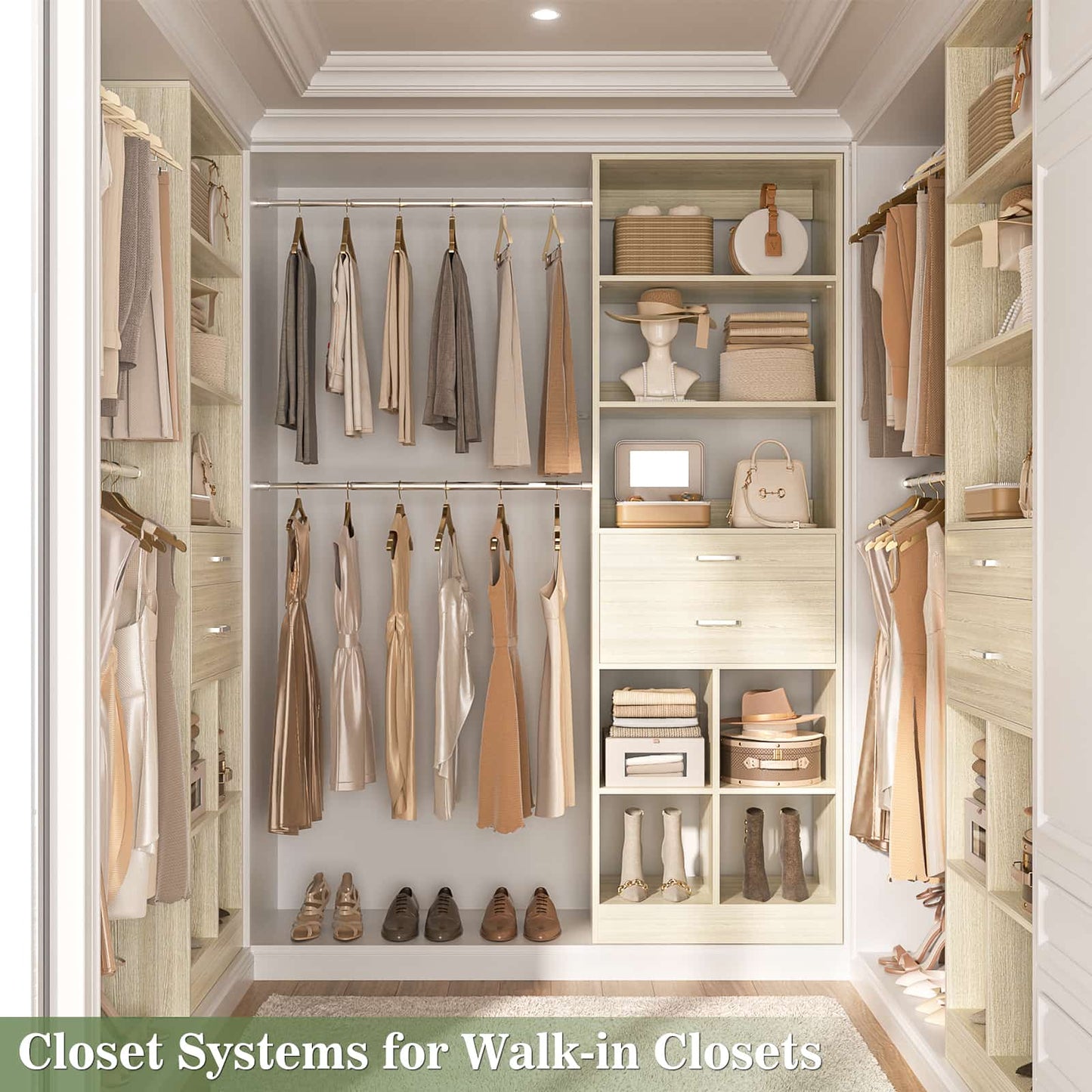 4-8 FT Walk-in Closet Organizer Tower, 2 Wooden Drawers + 5 Hang Rods, Built-in Shelves, Fit 60-96'' Closet Systems