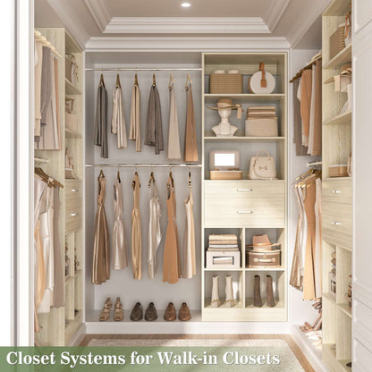 4-8 FT Walk-in Closet Organizer Tower, 2 Wooden Drawers + 5 Hang Rods, Built-in Shelves, Fit 60-96'' Closet Systems