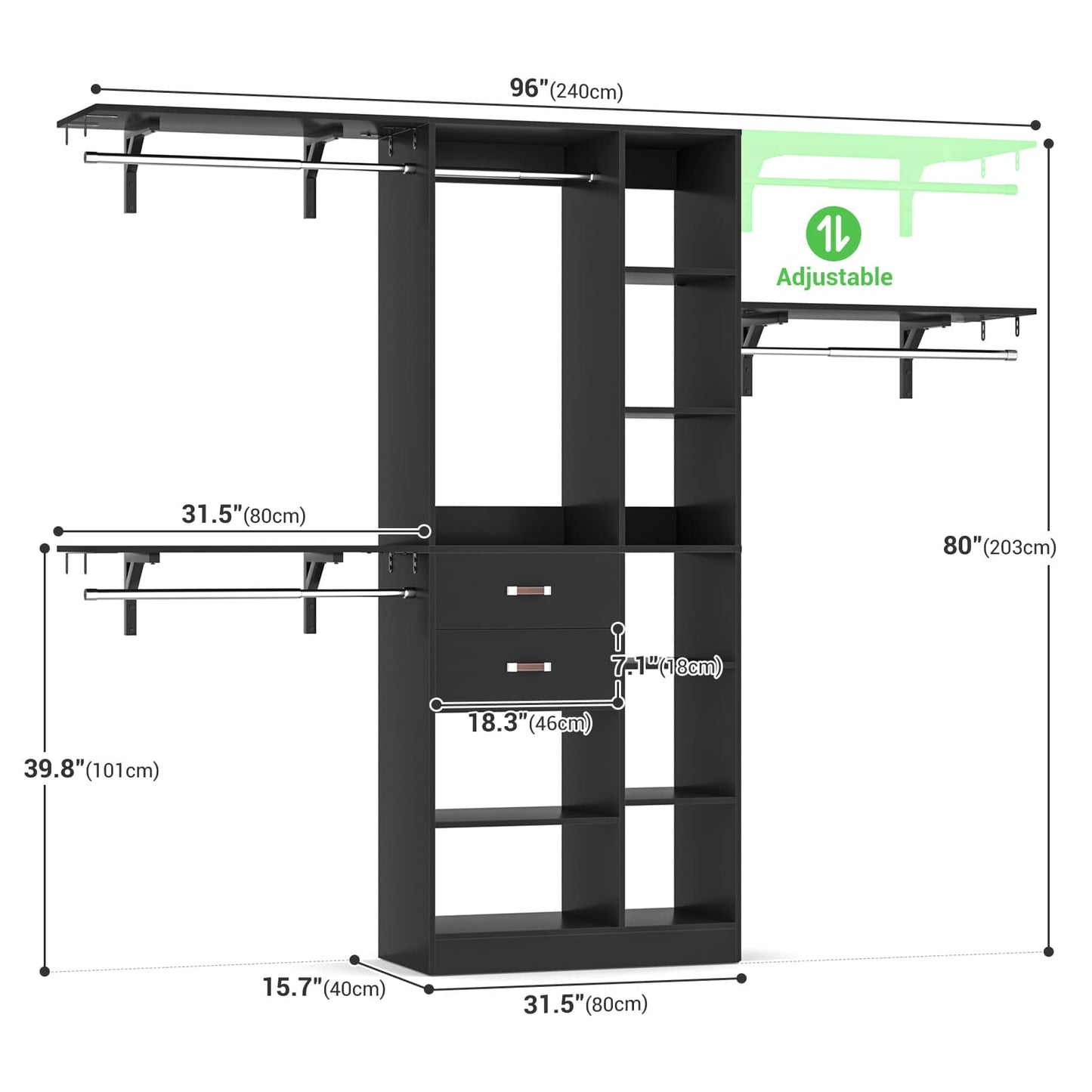 8FT Closet Organizer System with Wood Drawers