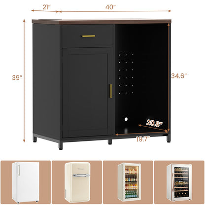 Coffee Bar Cabinet with Mini Fridge Space, Power Outlet, Drawer Storage and Wine Glass Holder - Versatile Liquor Wine Cabinet