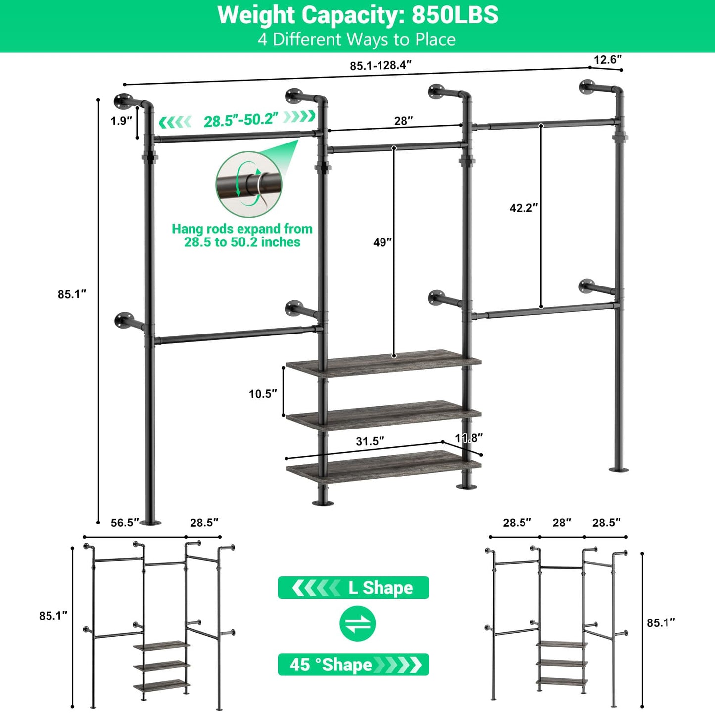 84"-128" Adjustable Metal Pipe Clothing Rack Wall-Mounted,Industrial Garment Rack with 3-Tier Wooden Shelves,Heavy-Duty 1000LBS Capacity