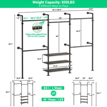 84"-128" Adjustable Metal Pipe Clothing Rack Wall-Mounted,Industrial Garment Rack with 3-Tier Wooden Shelves,Heavy-Duty 1000LBS Capacity