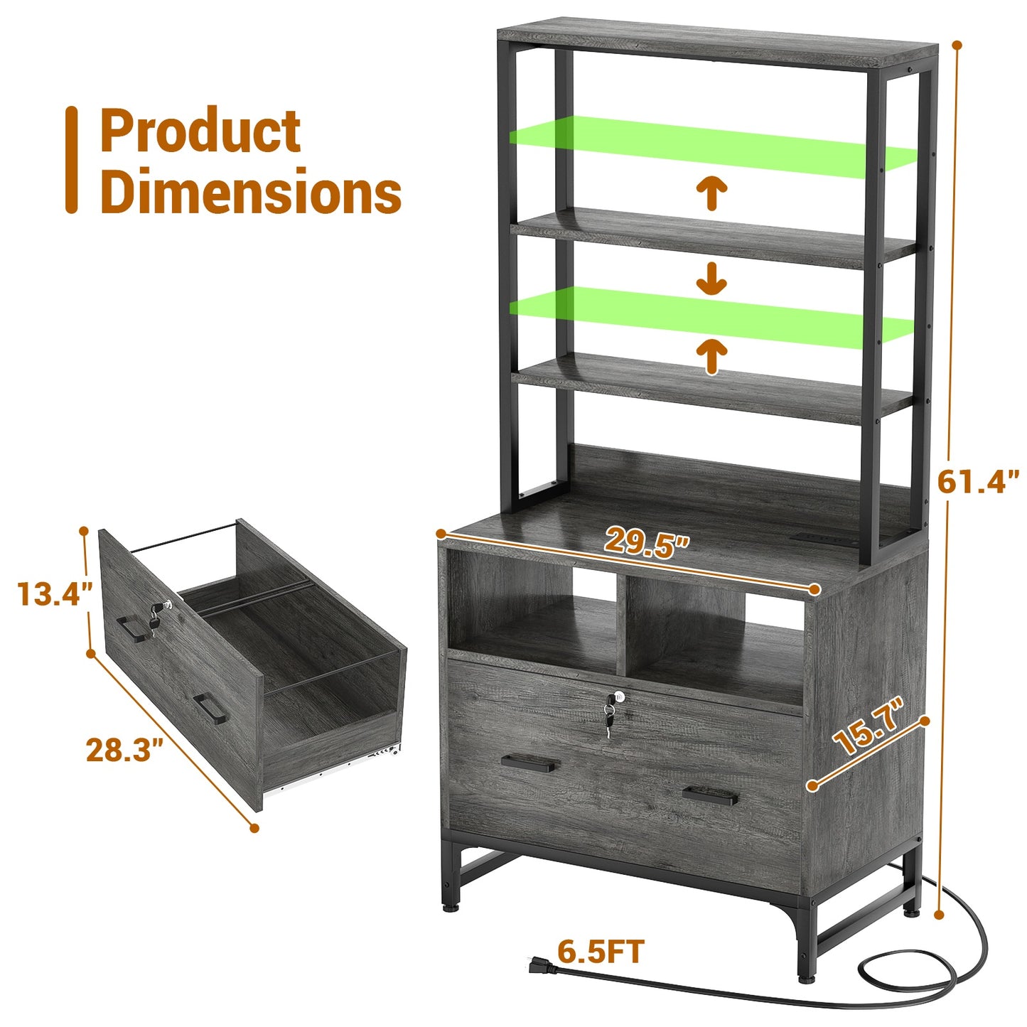 File Cabinet with Charging Station, Vertical Filing Cabinet with Lock & Large Drawer