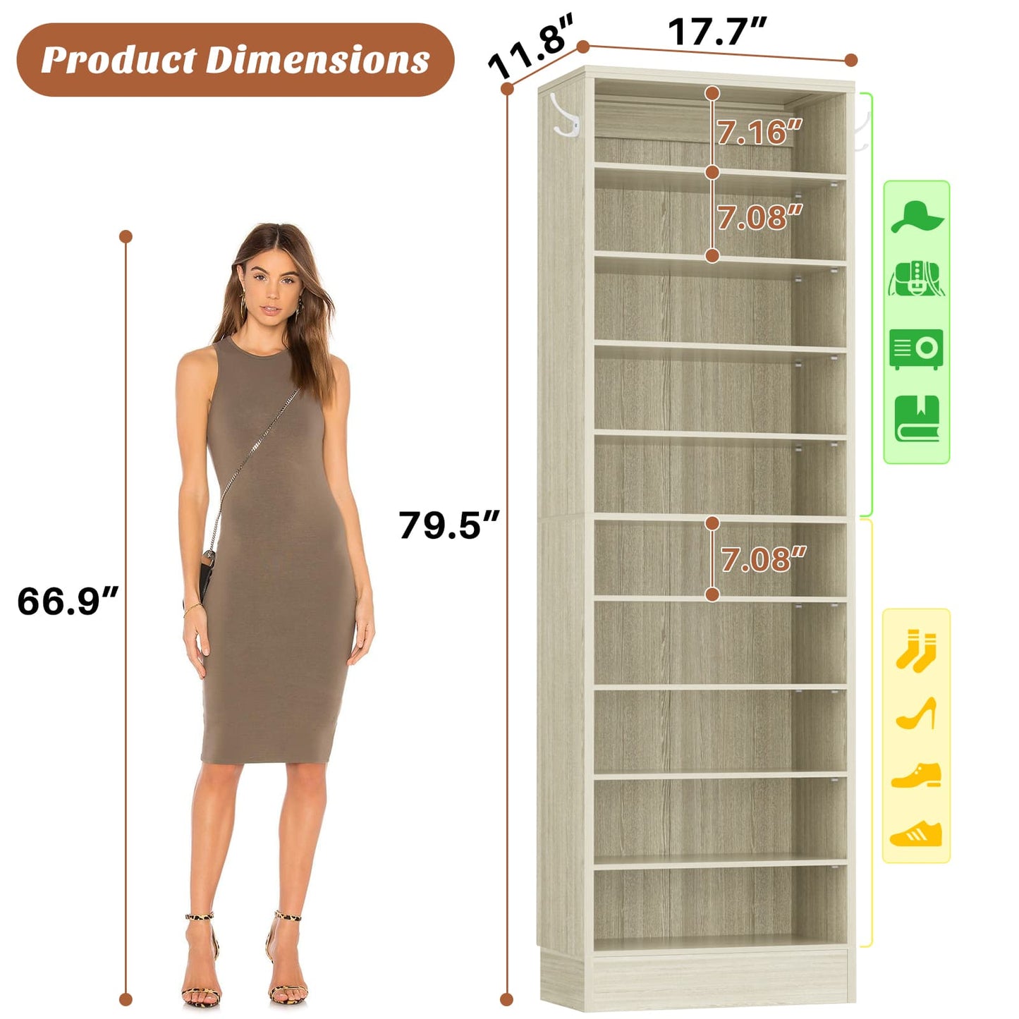 Tall Shoe Cabinet, 10 Tiers Narrow Wood Shoe Rack