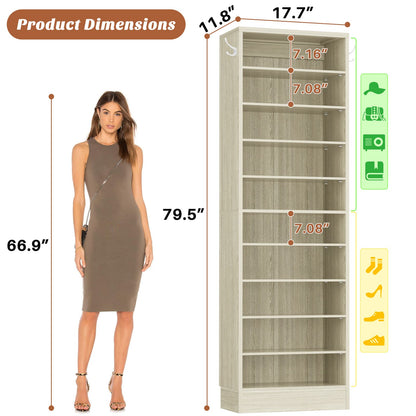 Tall Shoe Cabinet, 10 Tiers Narrow Wood Shoe Rack