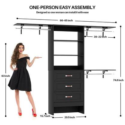 96'' W Closet Organizer System With Wooden Drawers