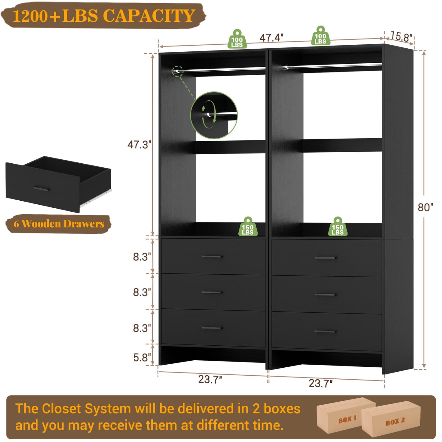 4FT Closet System with Wooden Drawers