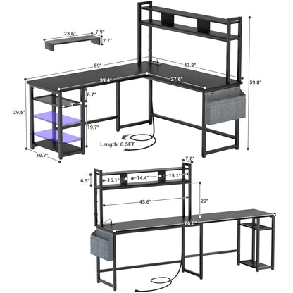 L Shaped Desk with Power Outlet, LED Strip, Storage Shelf