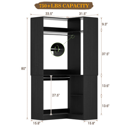34’’ Corner Closet System with Shelves and Hanging Rods