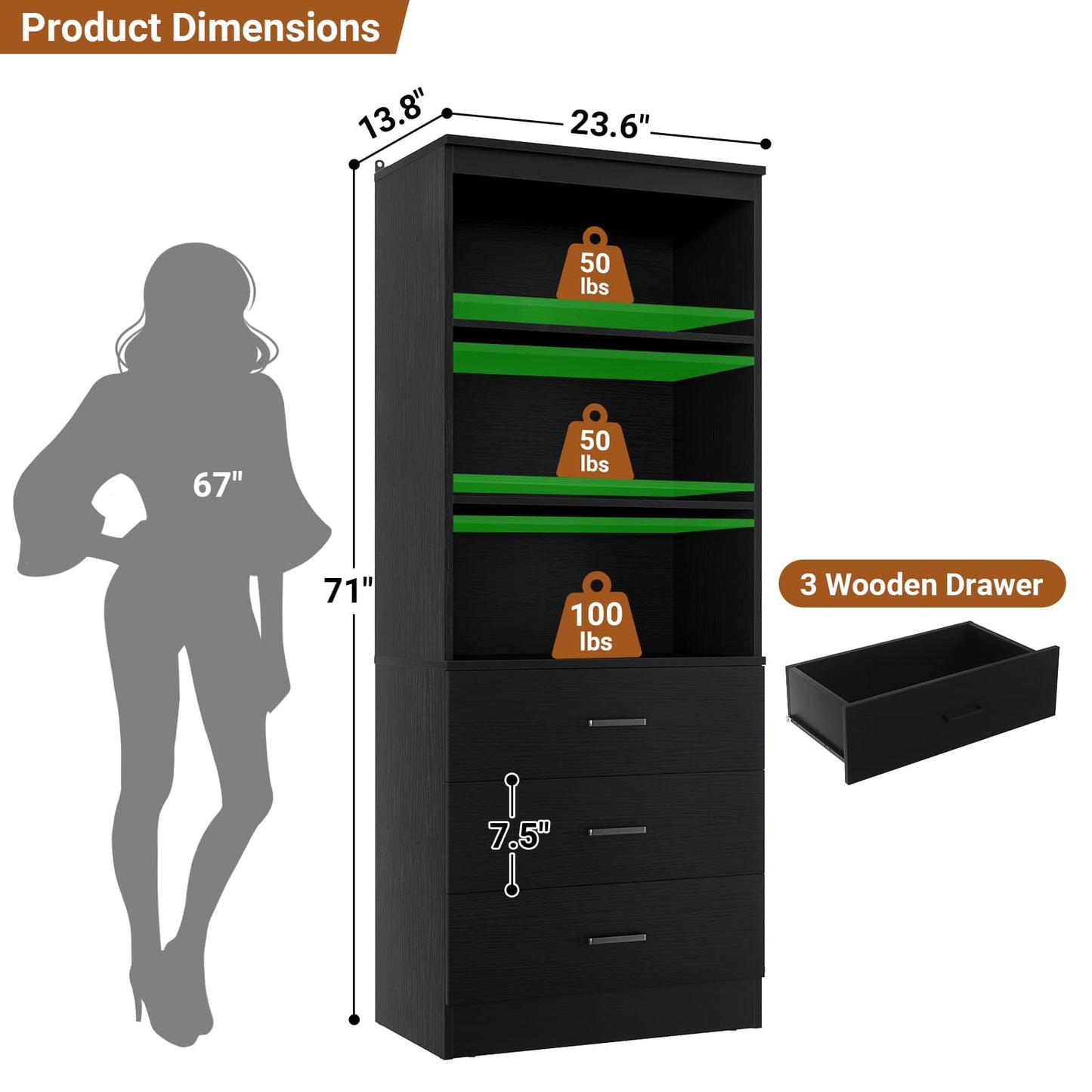 23.6" Closet Organizer System with 3 Wood Drawers