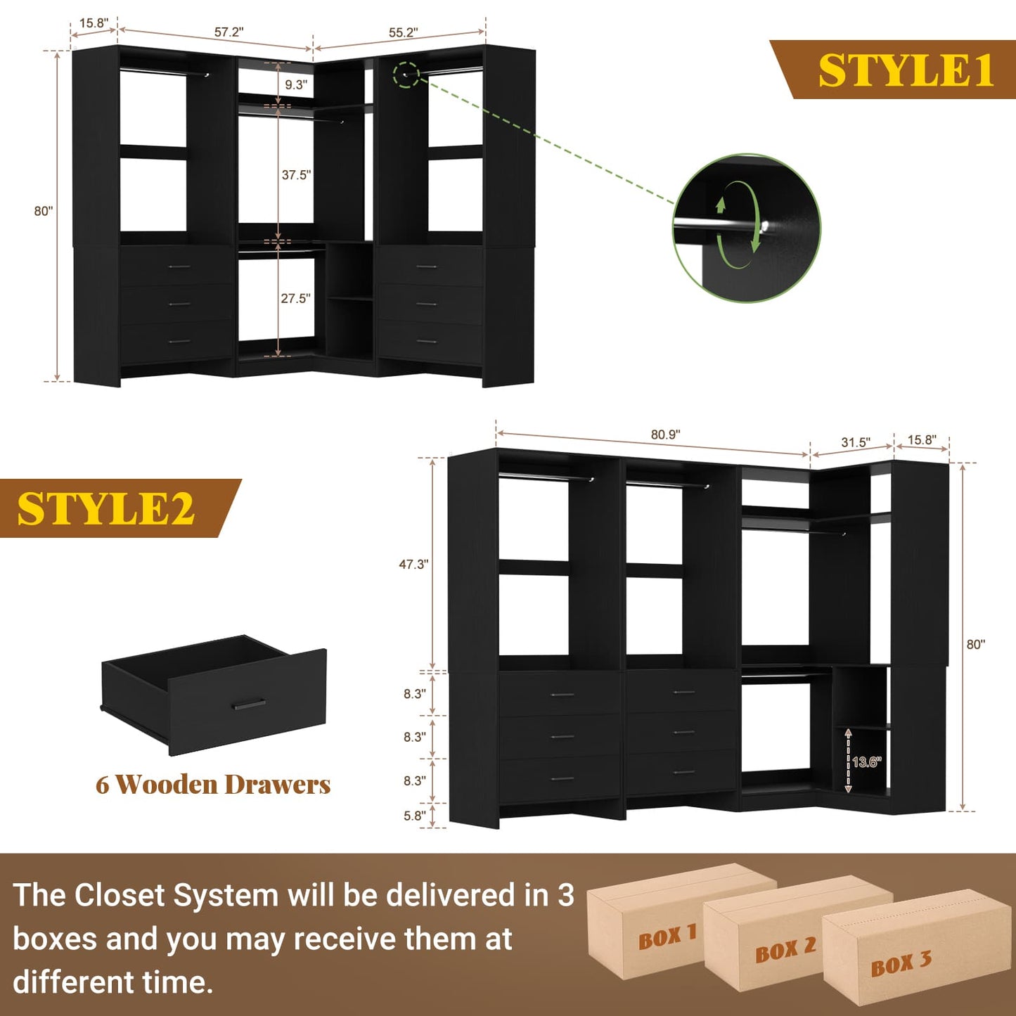 81'' Closet System with 6 Drawers, 4 Hanging Rods & Corner Tower
