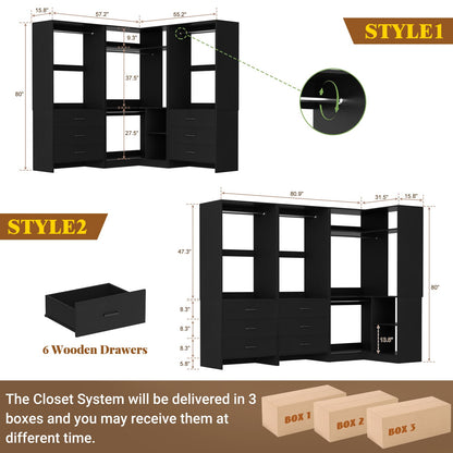 81'' Closet System with 6 Drawers, 4 Hanging Rods & Corner Tower