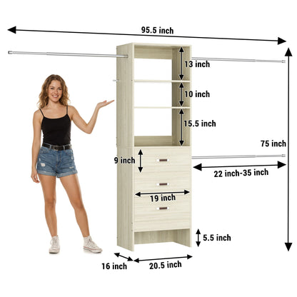 96" Closet System Value 4-Pack with 12 Hanging Rods & 12 Wooden Drawers - Adjustable (5-8FT Each)