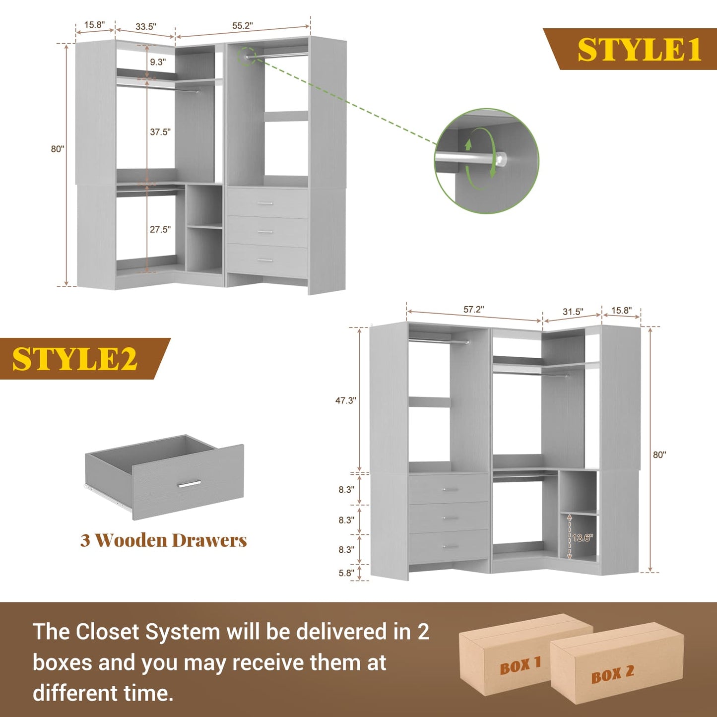Closet System with 3 Drawers, 2 Hanging Rods & Corner Tower