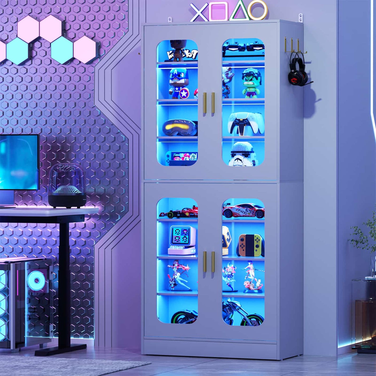 8-Tier LED Shoe Cabinet with Adjustable Shelves - 67 inch Tall Shoe Racks with Hooks for Entryway, Living Room, 24-32 Pairs