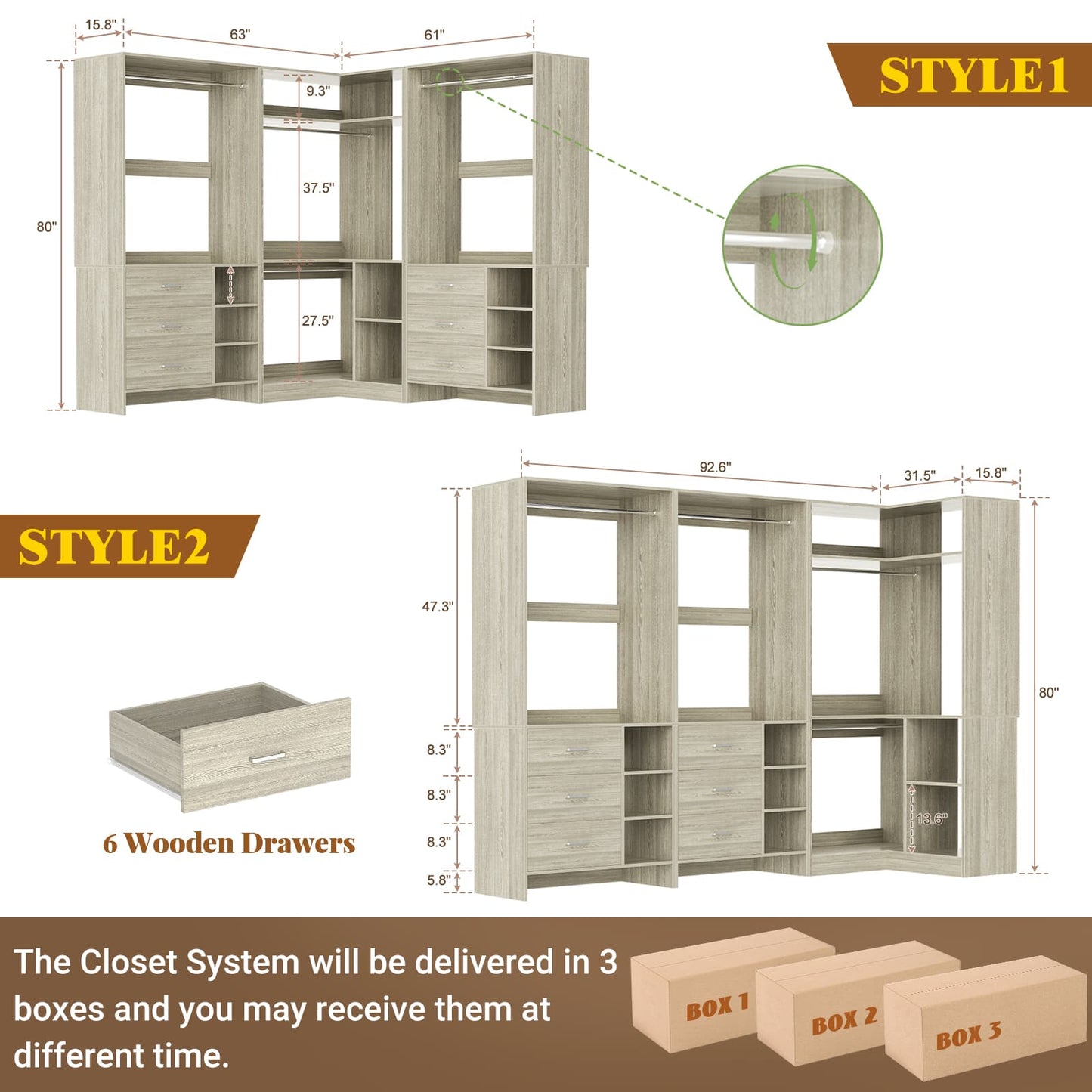 Closet System with 6 Drawers, 4 Hanging Rods & Corner Tower