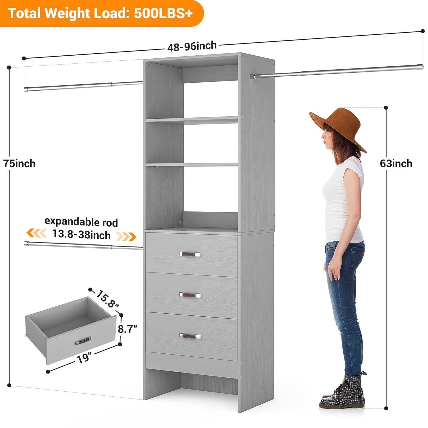 Adjustable 5-8FT Wall-Mounted Closet Organizer System with 3 Hanging Rods & 3 Wood Drawers