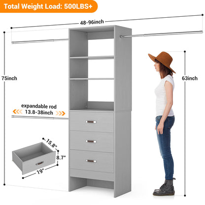 Adjustable 5-8FT Wall-Mounted Closet Organizer System with 3 Hanging Rods & 3 Wood Drawers