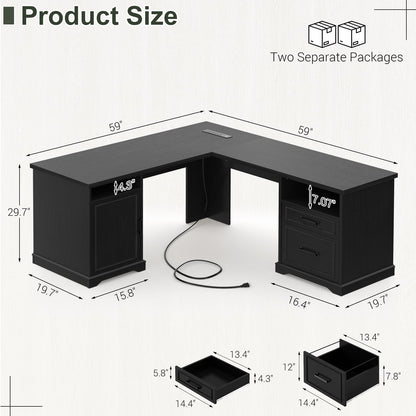 L Shaped Executive Desk with File Drawers, 60" Corner Computer Desk with Power Outlets