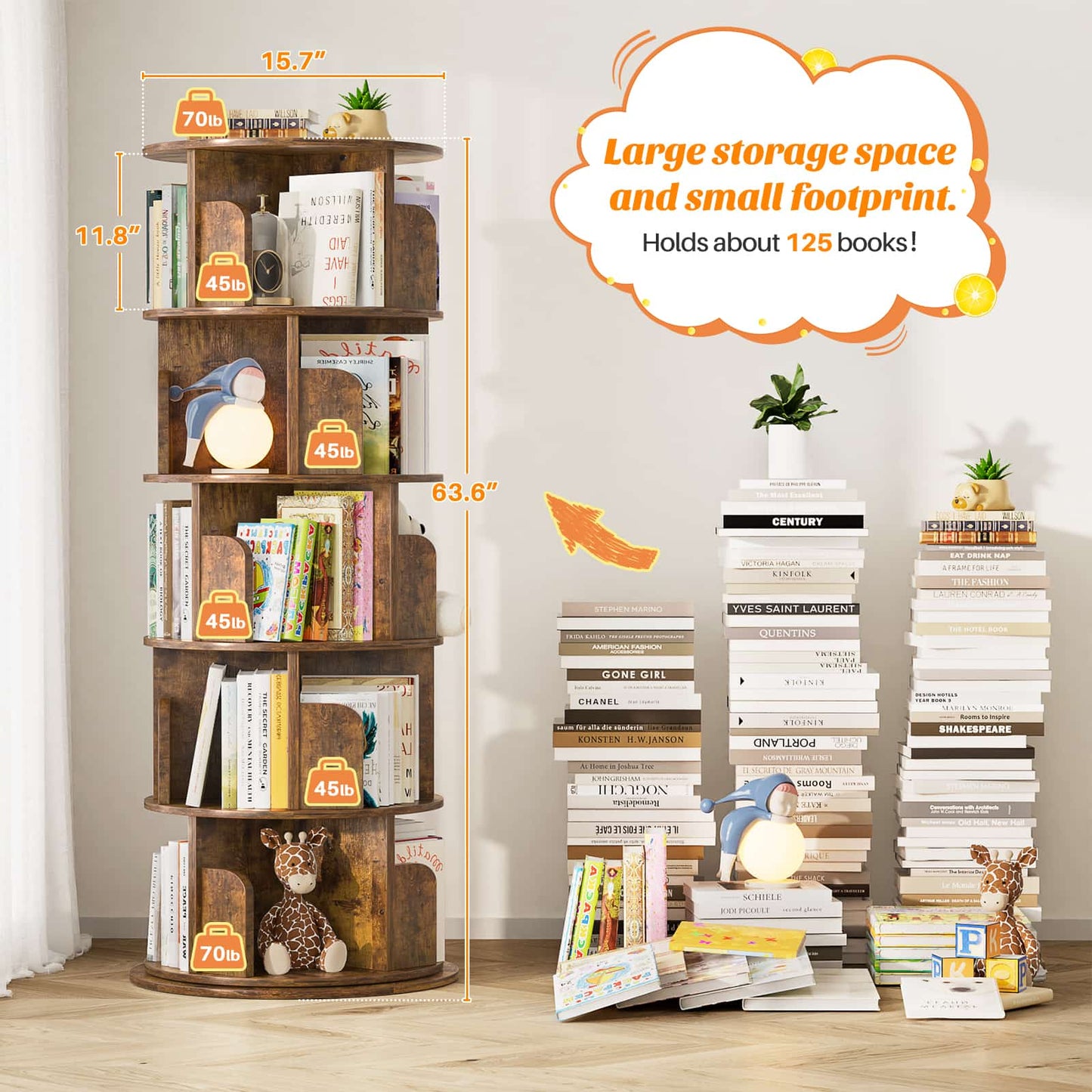 Rotating Bookshelf, 360 Display Wood Spinning Bookshelf Tower
