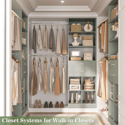 4-8 FT Walk-in Closet Organizer Tower, 2 Wooden Drawers + 5 Hang Rods, Built-in Shelves, Fit 60-96'' Closet Systems