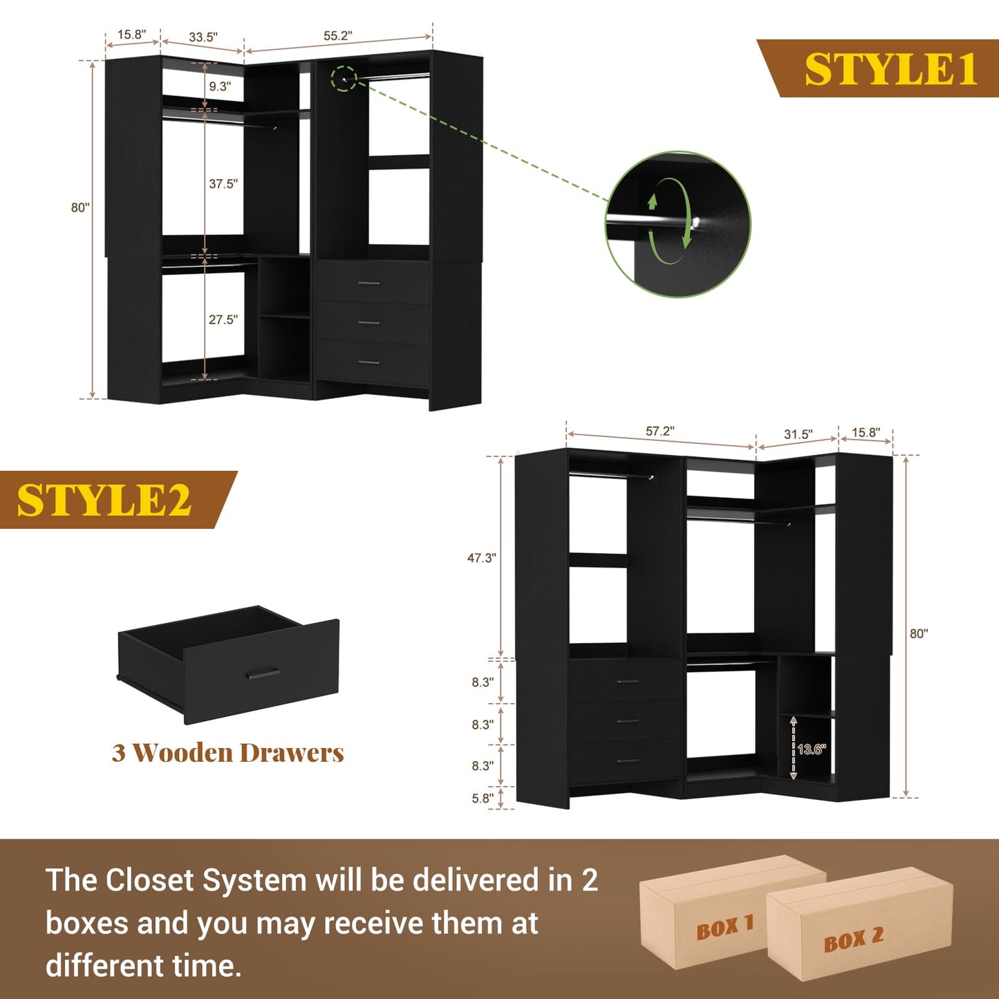 Closet System with 3 Drawers, 2 Hanging Rods & Corner Tower