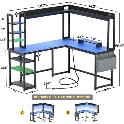 L Shaped Desk with Power Outlet and LED lights