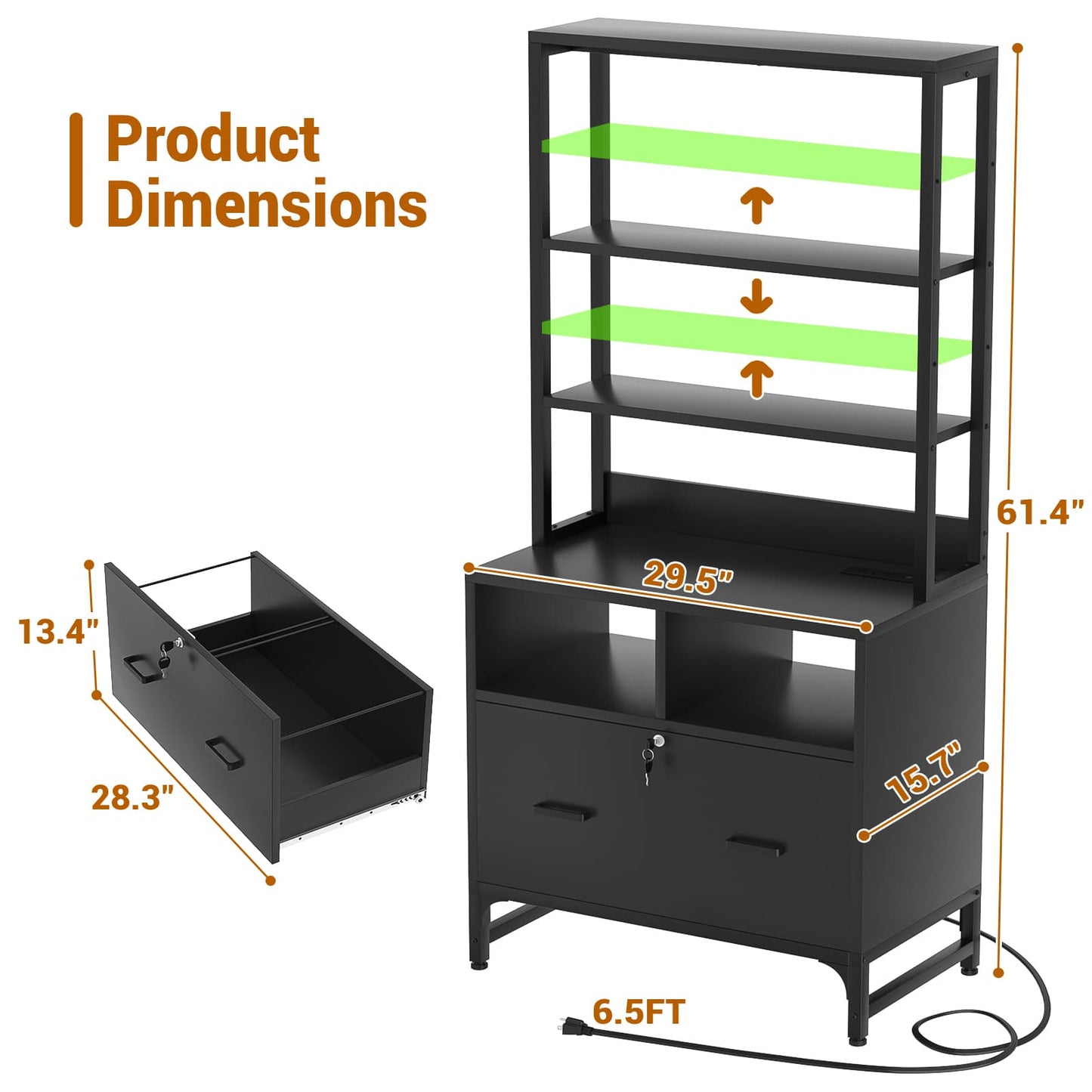 File Cabinet with Charging Station, Vertical Filing Cabinet with Lock & Large Drawer