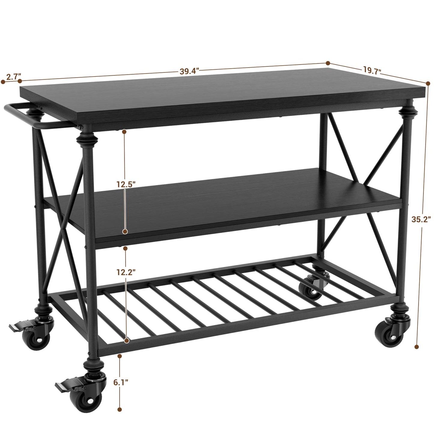Industrial Mobile Kitchen Island Cart with Wheels: 3-Tier Storage, Lockable Casters for Kitchen, Dining & Small Spaces