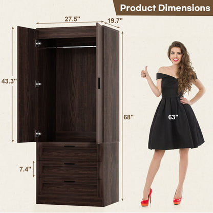 71" Tall Armoire Wardrobe Closet - 3 Drawers, Doors & Hanging Rod, Extra Deep 20" Bedroom Storage with Soft-Close Hinges