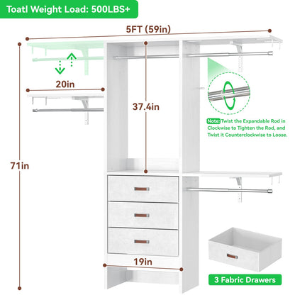 59'' W Small Closet System with 3 Fabric Drawers