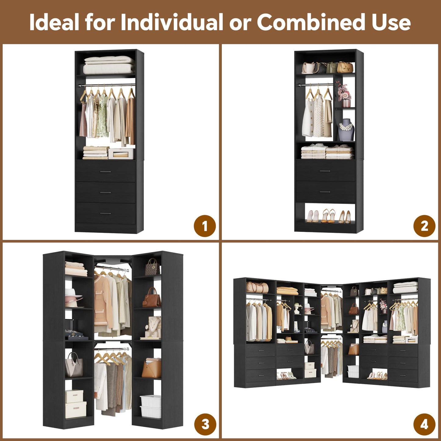 Complete Corner & Straight Closet Organizer Suite:1 Corner Shelf Unit + 4 Tower Systems ( 4-Drawer+ 6-Drawer Options)