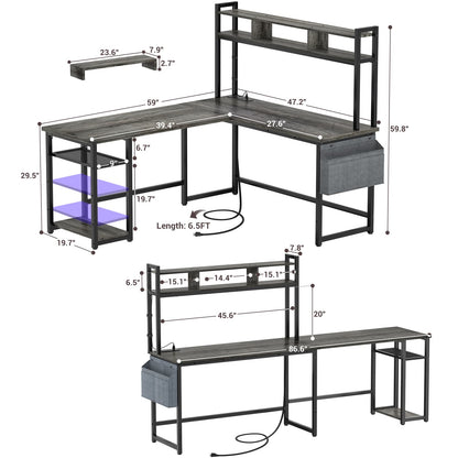L Shaped Desk with Power Outlet, LED Strip, Storage Shelf